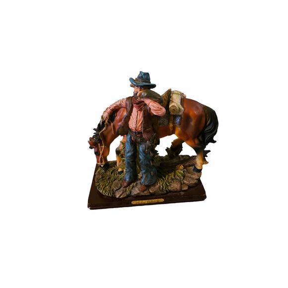 IAC Premier Edition Horse And Cowboy Resin Statue on Wood Base - Picture 1 of 6
